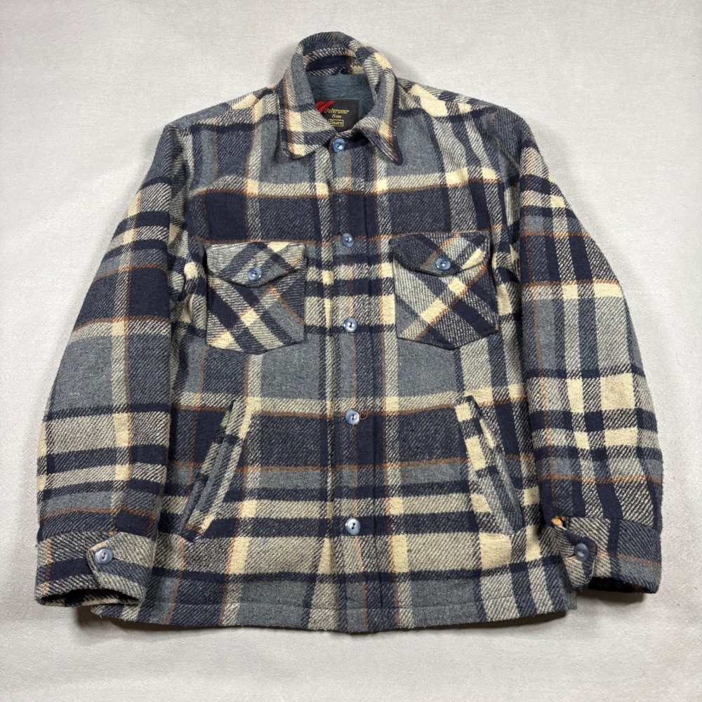 Vintage Sears Outerwear Plaid Sherpa Lined Shirt Jacket Mens Medium Grey Navy